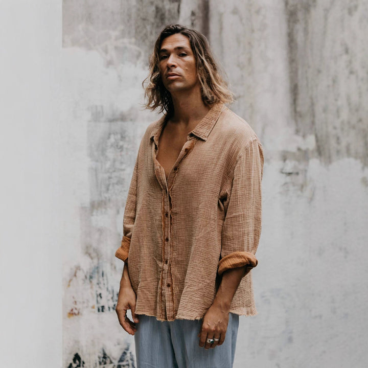 Men's Lightweight Cotton Gauze Shirt with Open Collar and Relaxed Fit Mune Fashion