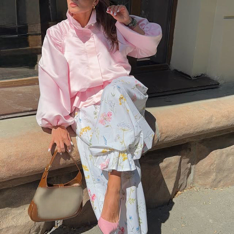 Women's satin blouse jacket with voluminous balloon sleeves, stand-up collar and fitted placket Mune Fashion