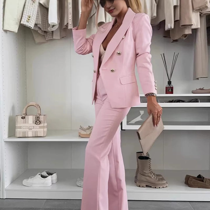 Women's two-piece tailored pantsuit with double-breasted design and flared trousers Drune