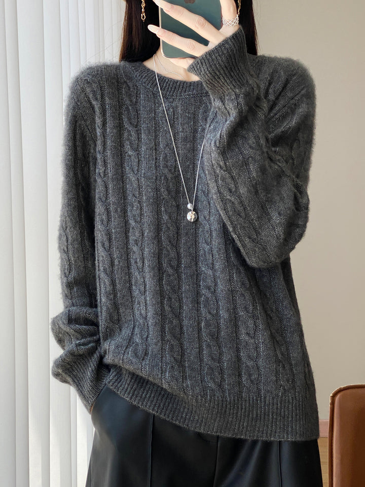 Women's Plus Size Cable Knit Sweater in Mohair Look with Ribbed Hem Mune Fashion