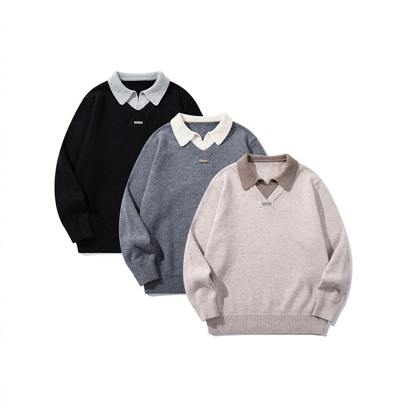 Men's Boxy Knit Sweater with Polo Collar and V-Inset Mune Fashion