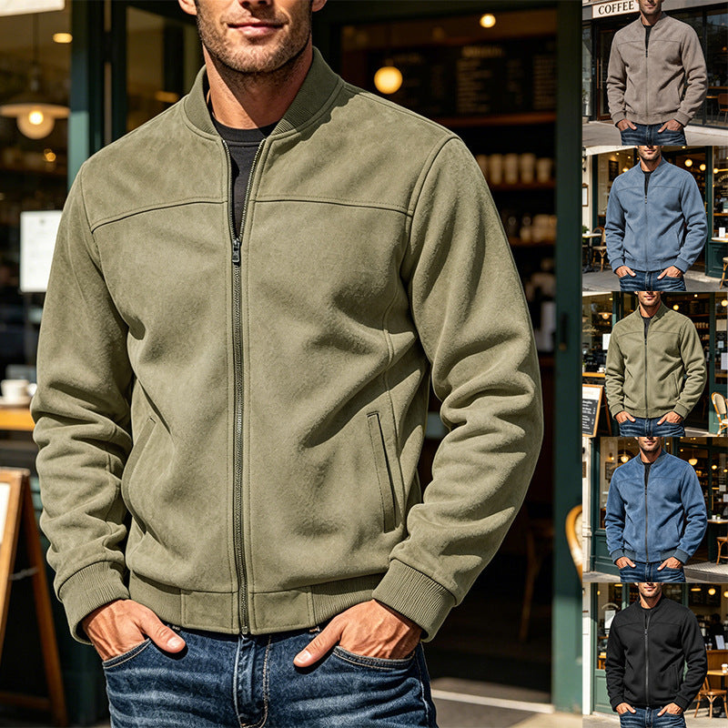 Men's Suede-Look Bomber Jacket with Zipper and Ribbed Cuffs Mune Fashion