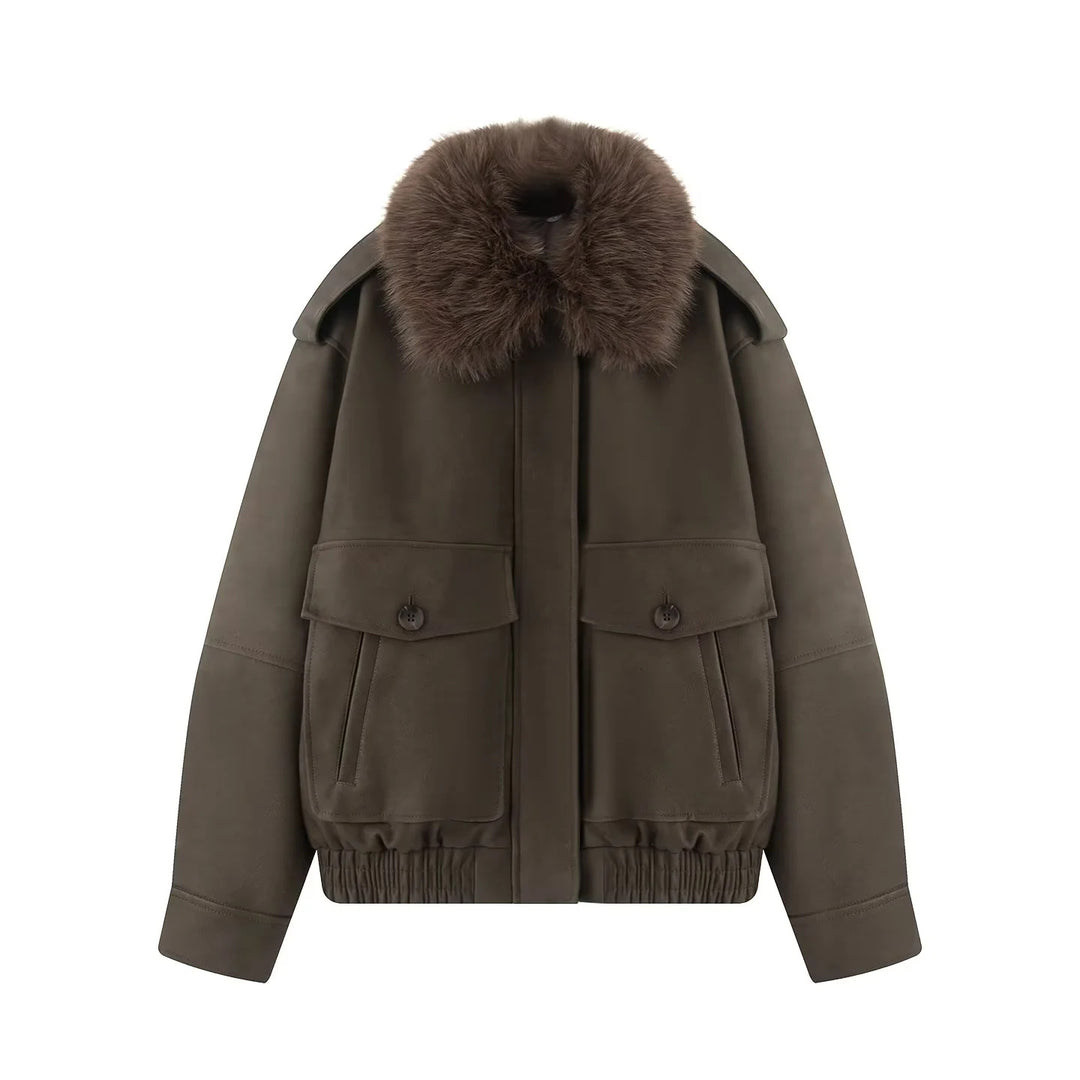 Women's padded bomber jacket in aviator look with removable faux fur collar and flap pockets Mune Fashion
