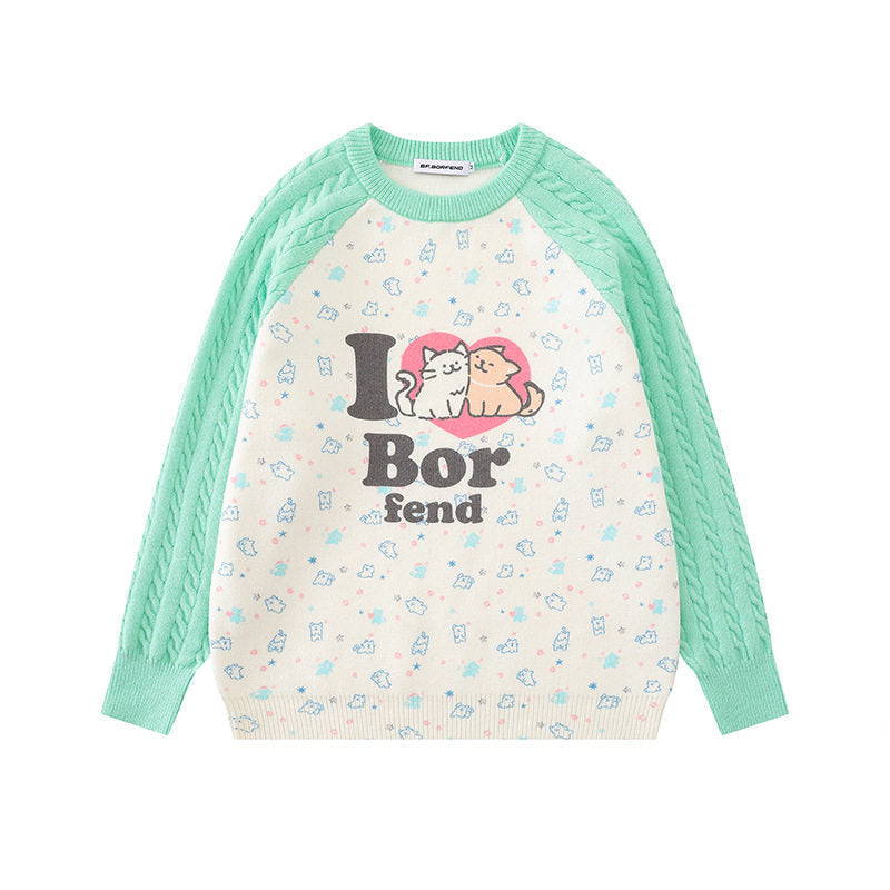Women's knitted sweater with raglan sleeves, cable pattern sleeves and cartoon cat front print Mune Fashion