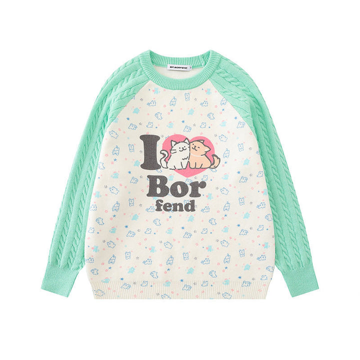 Women's knitted sweater with raglan sleeves, cable pattern sleeves and cartoon cat front print Mune Fashion
