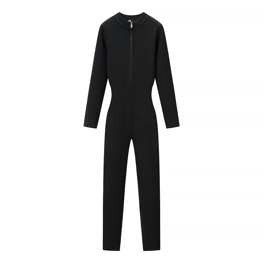 Women's Fitted Rib Knit Jumpsuit with Stand-Up Collar and Front Zip Mune Fashion