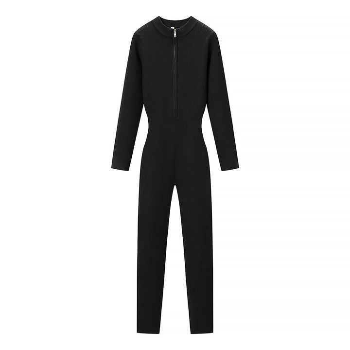 Women's Fitted Rib Knit Jumpsuit with Stand-Up Collar and Front Zip Mune Fashion