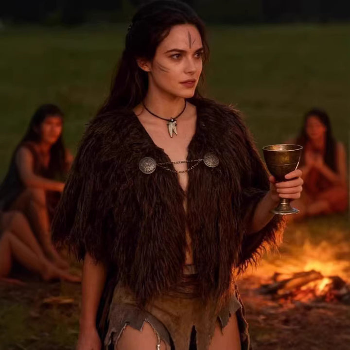 Ladies Viking-inspired Faux-Fur Cape with rustic fringe look and shoulder drape Mune Fashion