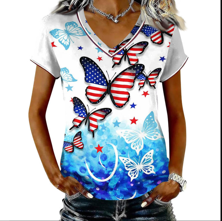 Women’s V-neck Retro Print T-shirt with Eagle Emblem and vintage-inspired Graphic Mune Fashion