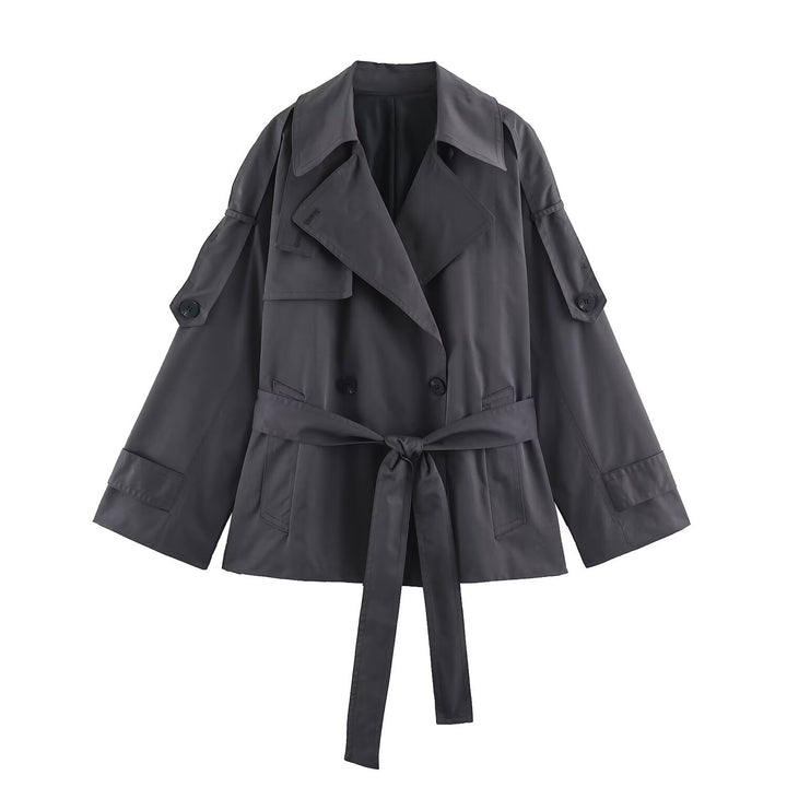 Women's short lightweight trench coat with tie belt, dropped shoulders and double button placket Mune Fashion