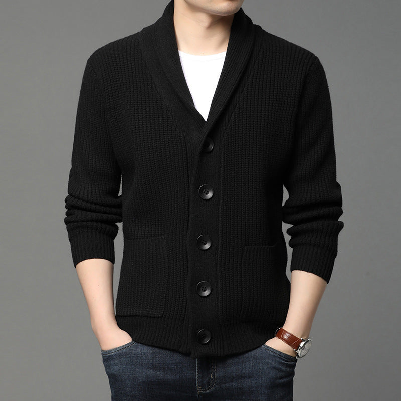 Men's chunky knit cardigan with shawl collar, patch pockets, and button placket Mune Fashion