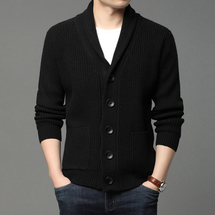 Men's chunky knit cardigan with shawl collar, patch pockets, and button placket Mune Fashion