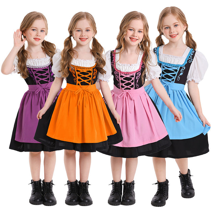 Ladies traditional Dirndl dress with laced bodice, puff sleeves and removable apron Mune Fashion
