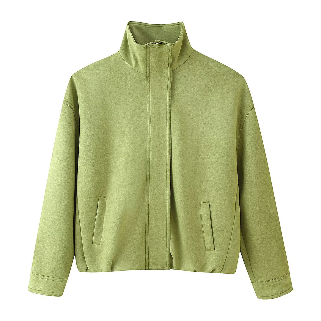 Women's Short Boxy Jacket with Funnel Collar and Concealed Front Mune Fashion