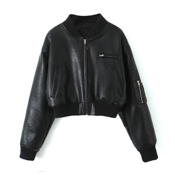 Women's Cropped Bomber Jacket in Vintage Leather Look with Arm Pocket and Wide Ribbed Cuff Mune Fashion