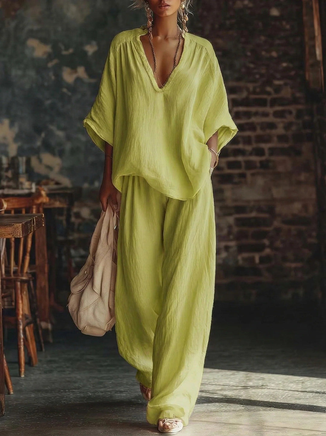 Women's casual two-piece linen-look set with deep V-neck, oversized blouse and wide palazzo pants Mune Fashion