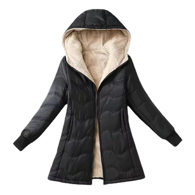 Women's A-line quilted coat with hood, teddy lining, and two-way zipper Mune Fashion
