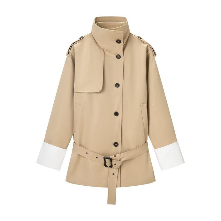Women's Short Trench Coat with Stand Collar, Waist Belt and Contrast Cuffs Mune Fashion