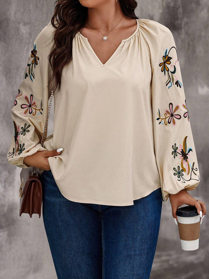 Women Loose Fit V-Neck Blouse with Floral Embroidery on Balloon Sleeves Mune Fashion
