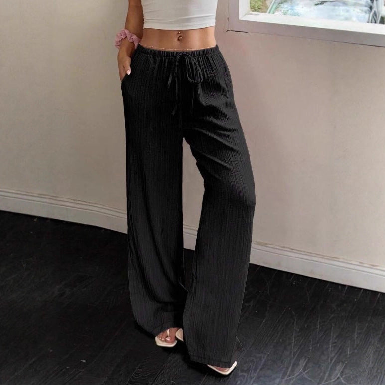 Ladies Wide Pleated Palazzo Pants with Elastic Waistband and Drawstring Mune Fashion