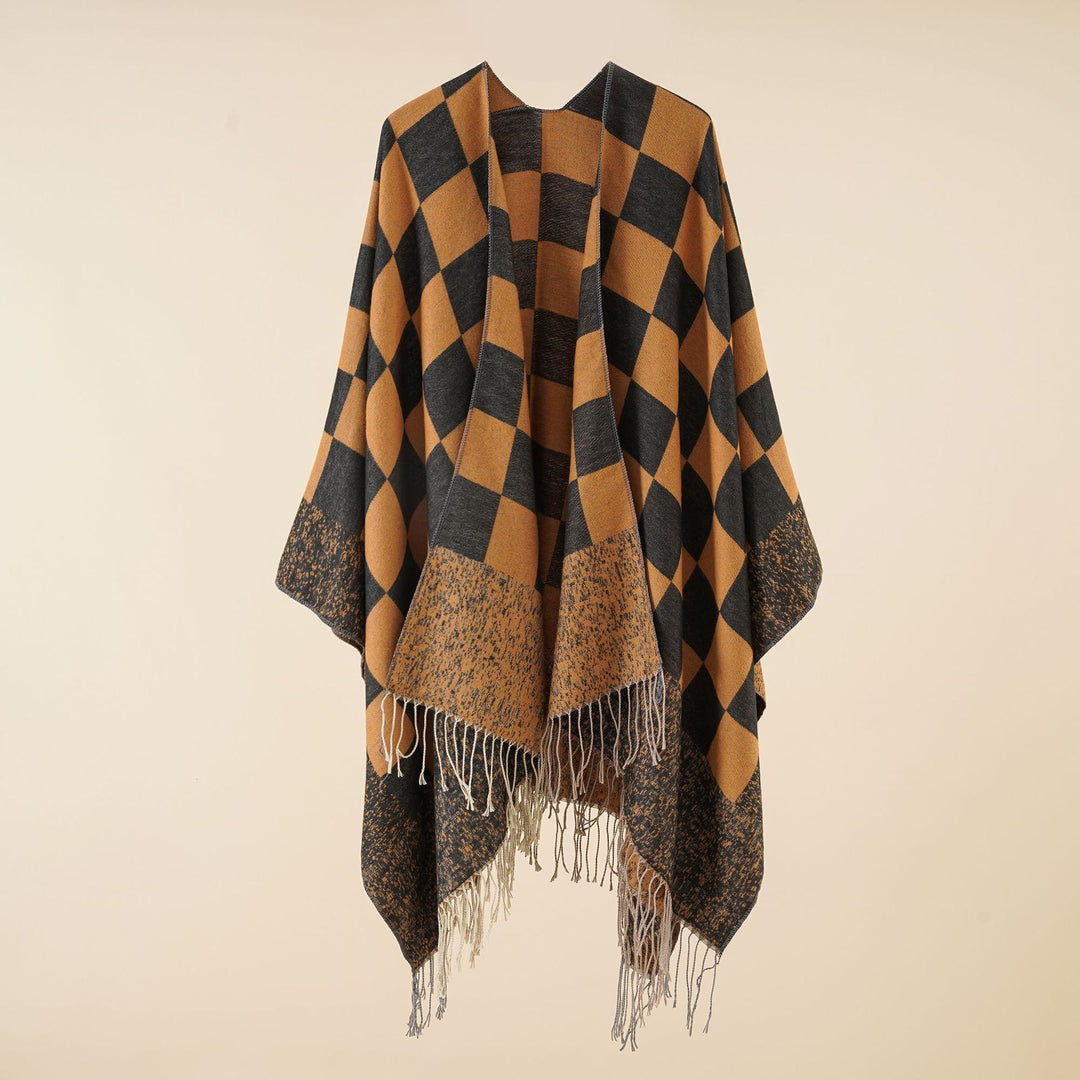 Women Oversized Poncho with Check Pattern and Fringes Mune Fashion