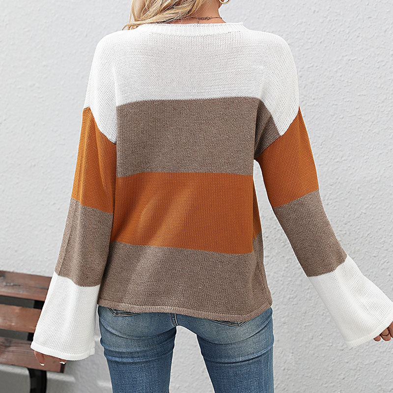 Women's Oversize Color Block Knit Sweater with Round Neck and Long Sleeves Mune Fashion