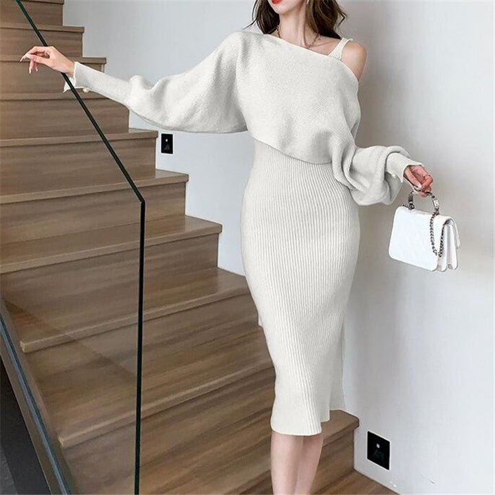 Women's Elegant Knit Dress with V-Neck and Matching Cardigan Mune Fashion