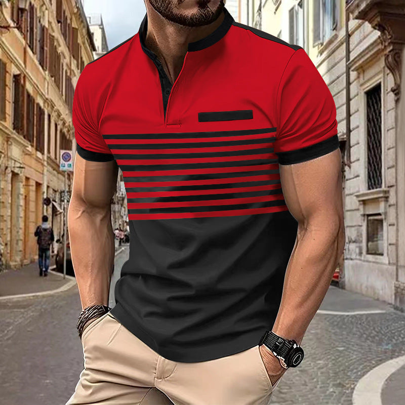 Men's short-sleeved striped short-sleeve shirt with button placket, stand-up collar and chest piping Mune Fashion