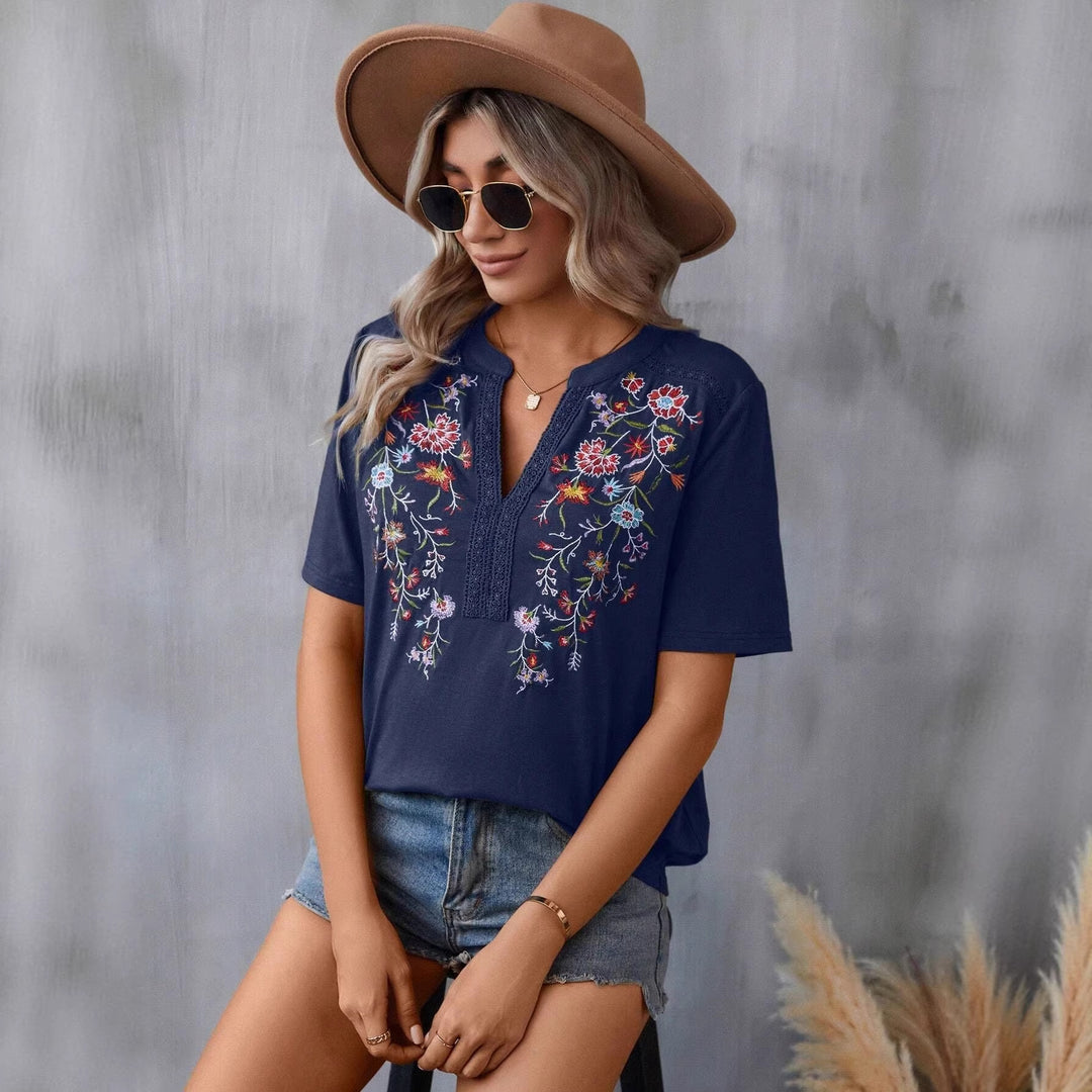 Women embroidered Boho tunic with deep neckline and lace trim Mune Fashion