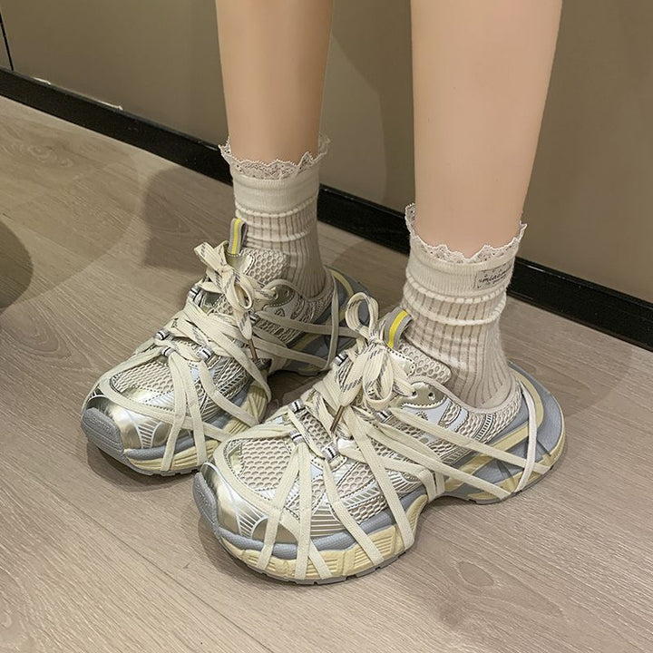 Women's Techno-Chunky-Sneaker with breathable mesh, stable platform sole and decorative wrap straps Mune Fashion