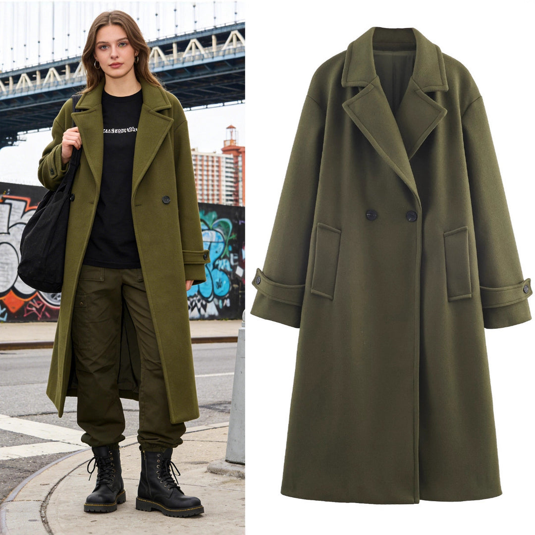 Women Oversized Wool Blend Coat with Double-Breasted Closure, Wide Lapels and Sleeve Tabs Mune Fashion