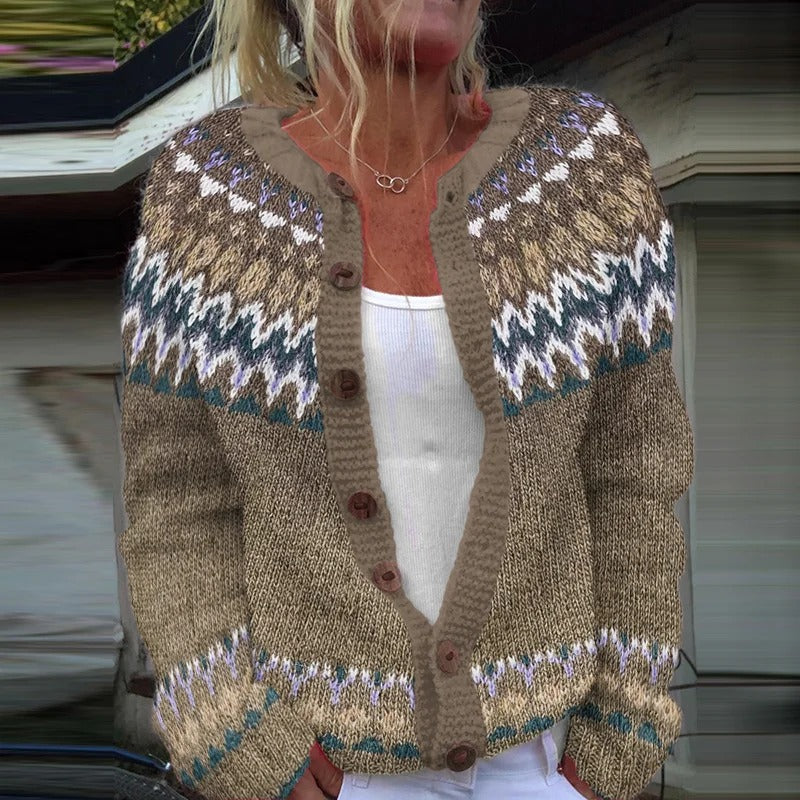 Women's patterned cardigan with round yoke, wooden buttons, and welt pockets Mune Fashion