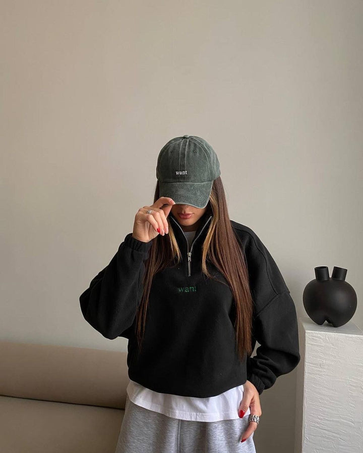Ladies Fleece Half-Zip Sweatshirt oversized with stand-up collar, kangaroo pocket look and elastic cuffs Mune Fashion