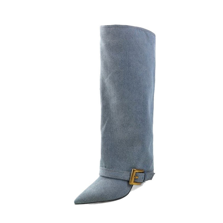 Ladies Knee-High Slouch Boots with Pointed Toe Shape, Slim Heel and Decorative Buckle Cuff Mune Fashion