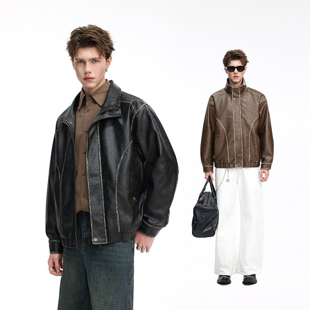 Herren Lederjacke im Vintage-Bomberstil mit Stehkragen Mune Fashion