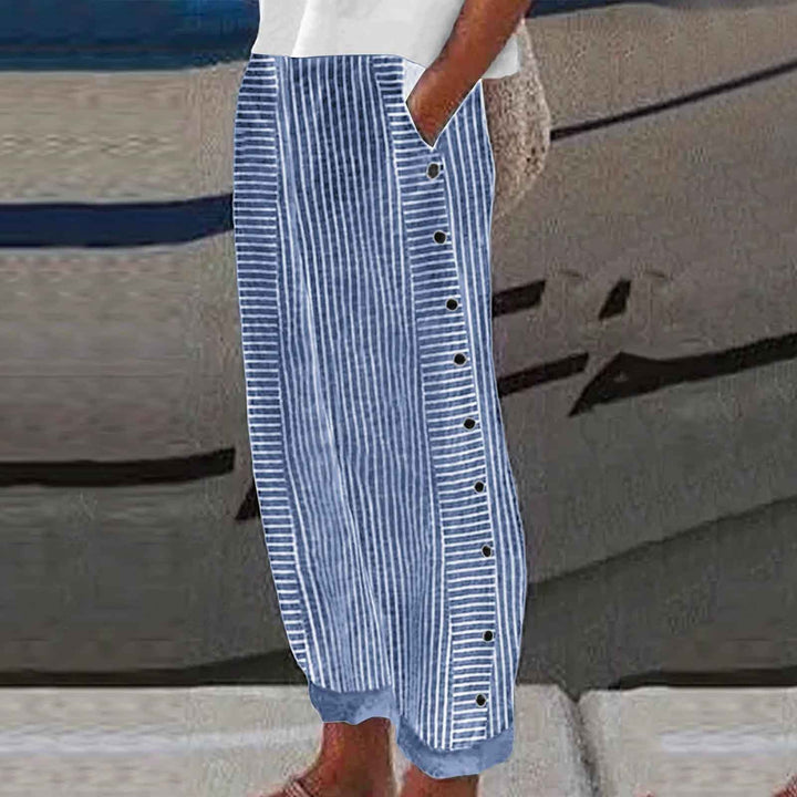 Women Lightweight Striped Trousers with Side Button Plackets and Elastic Waistband Mune Fashion