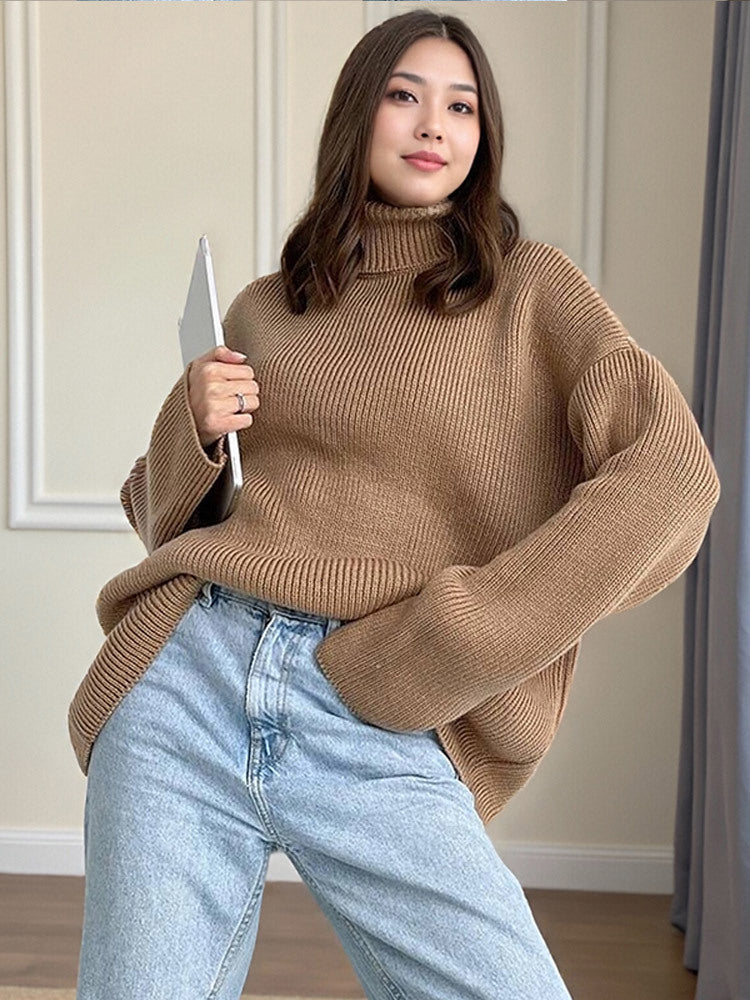 Women Oversized Ribbed Knit Turtleneck Sweater with Extended Cuff Mune Fashion