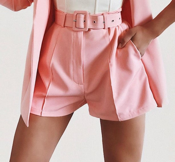 Women's Two-Piece Tailored Blazer Set with High-Waisted Shorts and Belt Mune Fashion