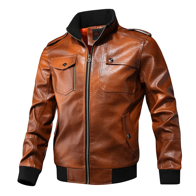 Men's Faux Leather Flight Jacket with Shoulder Epaulettes, Chest Pockets, and Ribbed Cuffs Mune Fashion