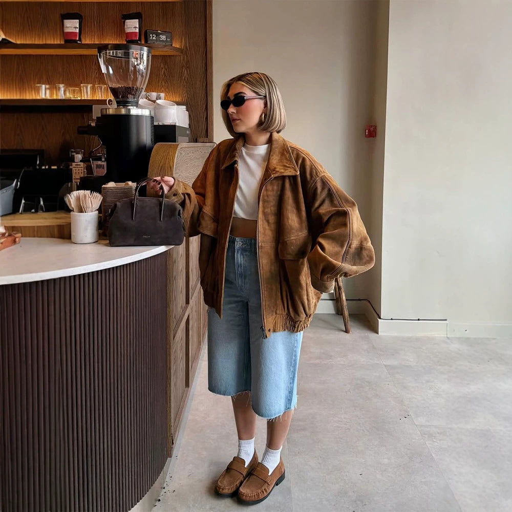 Ladies Oversize Suede Bomber Jacket with Elastic Hem Mune Fashion