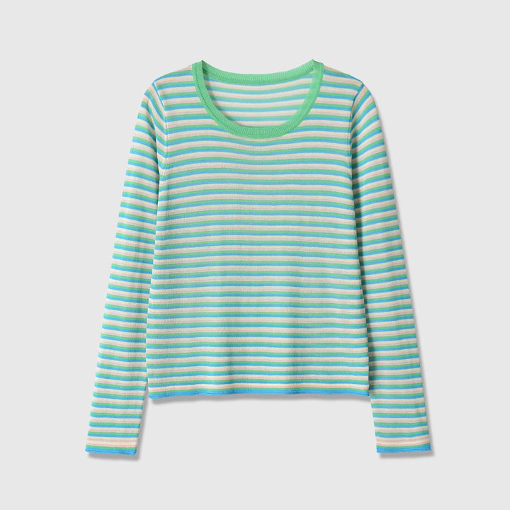 Women's Striped Fine Knit Long Sleeve with Round Neck and Cropped Boxy Cut Mune Fashion