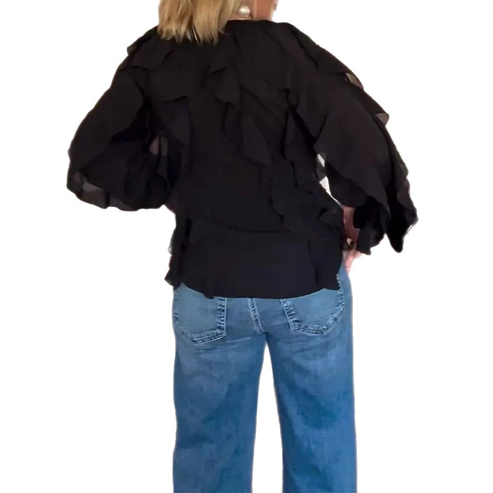 Women's semi-transparent layered ruffle blouse made of chiffon with balloon sleeves and hidden button placket Mune Fashion