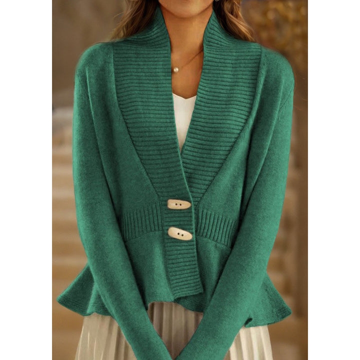 Women's plush knit cardigan with shawl collar, ribbed trim, and narrow flounce Mune Fashion