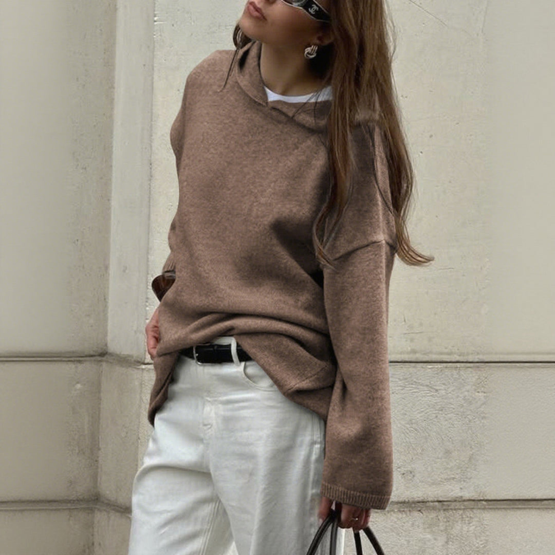 Women's Oversize Polo Fine Knit Sweater with Folded Collar and Raglan Sleeves Mune Fashion