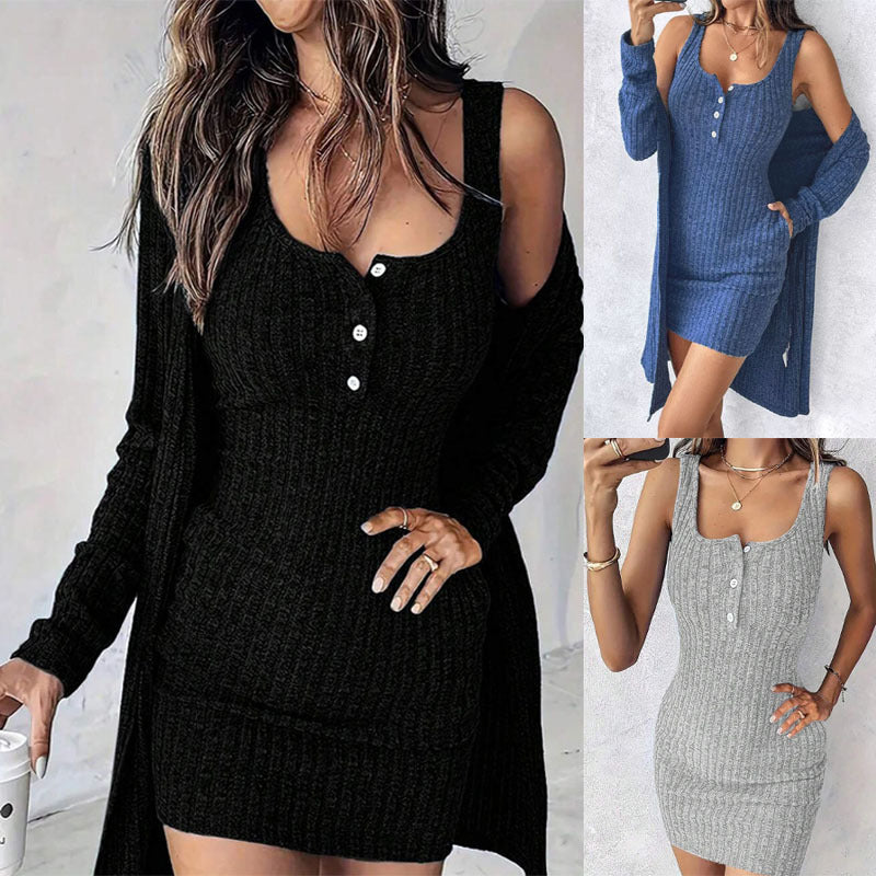 Women's Ribbed Twinset made of figure-hugging straps knitted dress and Open Long Cardigan Mune Fashion