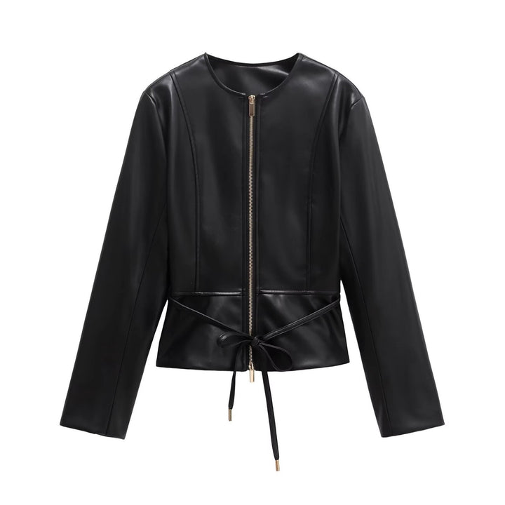 Women's Collarless Faux Leather Jacket with Zipper and Waistband Mune Fashion