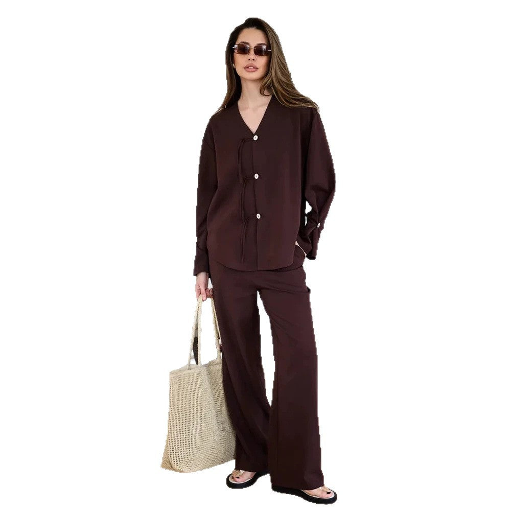 Women's Casual Lounge Set with V-Neck, Button Placket and Drawstrings Mune Fashion
