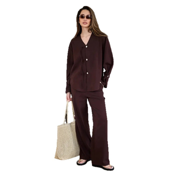 Women's Casual Lounge Set with V-Neck, Button Placket and Drawstrings Mune Fashion