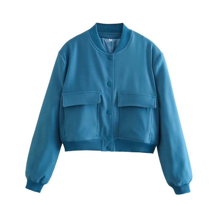 Women’s short cut bomber jacket in boxy fit with large flap pockets and ribbed hem Mune Fashion