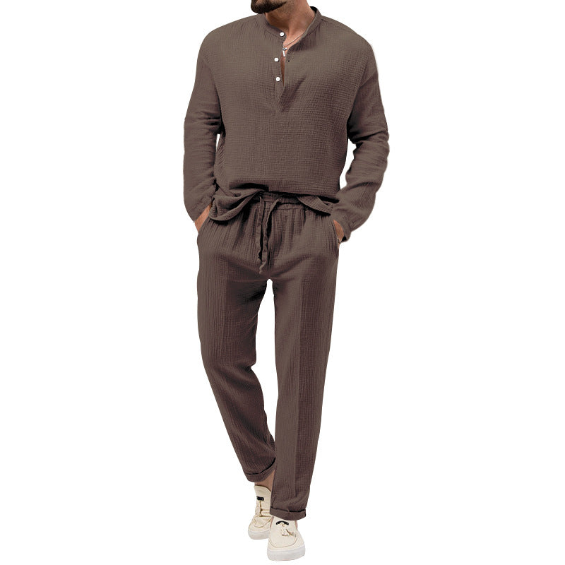 Men's muslin comfort set with semi-high collar and drawstring pants Mune Fashion